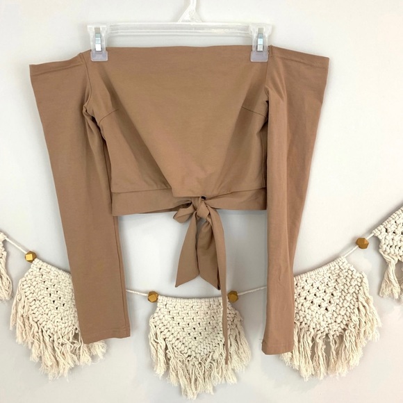 Luvalot Off The Shoulder Tie Waist Tan Crop Top - Picture 4 of 9